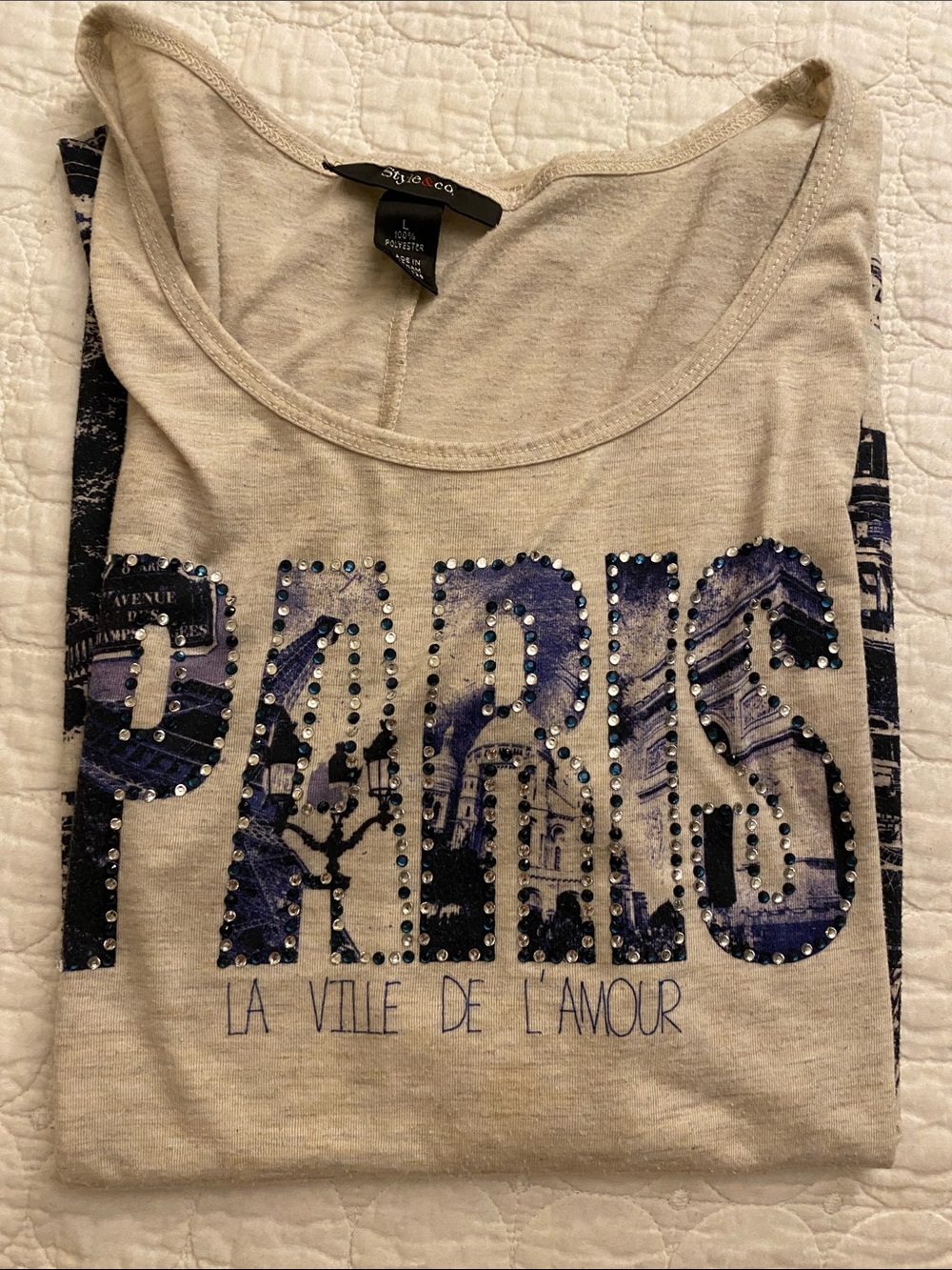 Style & Co. Beige Tee with Navy Paris Skyline & Eiffel Tower